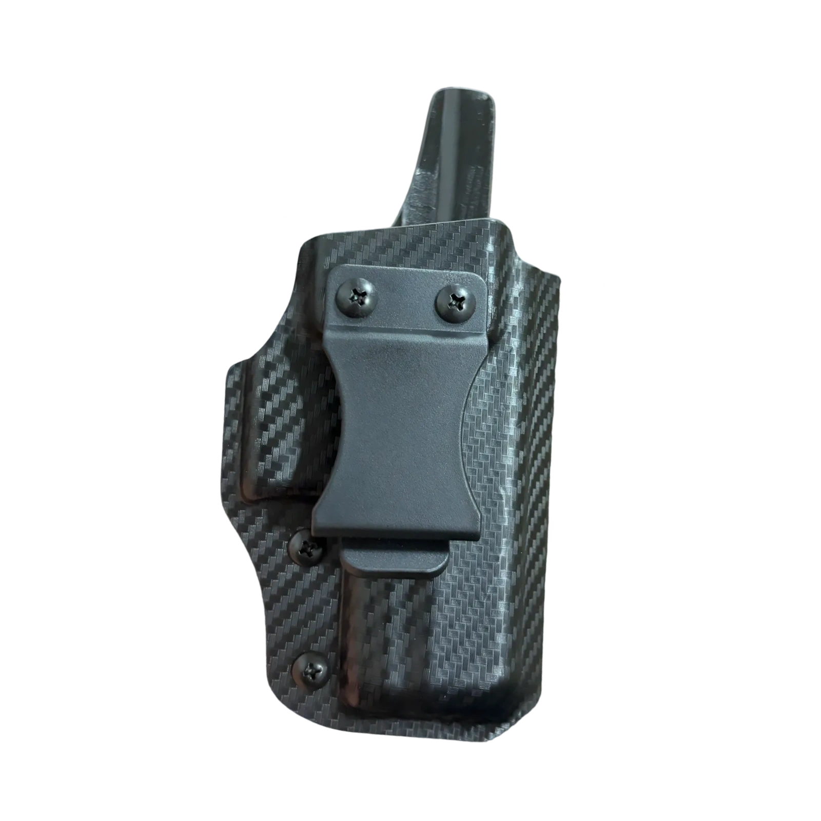 Black carbon fiber gun holster with a clip on the back.