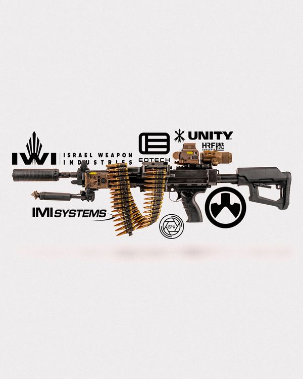 A modern machine gun with attached ammo belt and tactical accessories, surrounded by various weapon system logos.