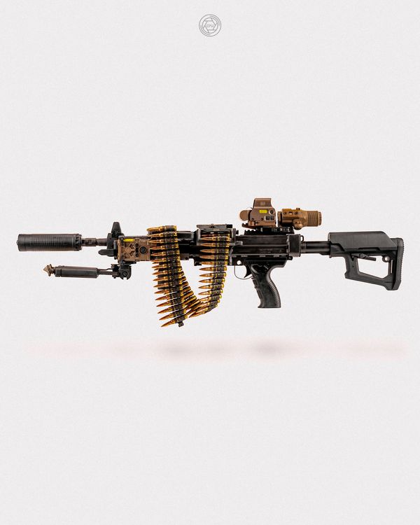 A modern machine gun with attached ammunition belt and optical scope.