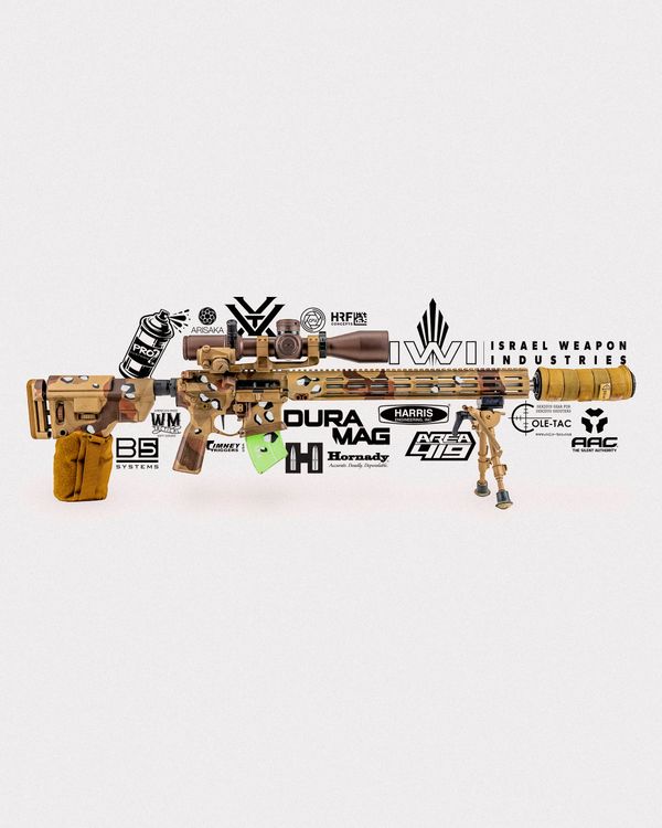 A custom sniper rifle with various branded weapon components and accessories.