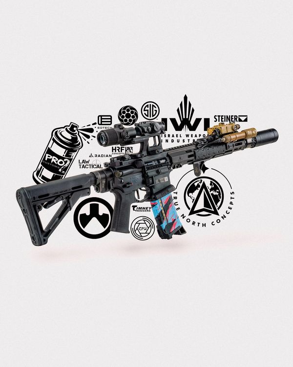 Custom tactical rifle with various attachments and logos on a white background.