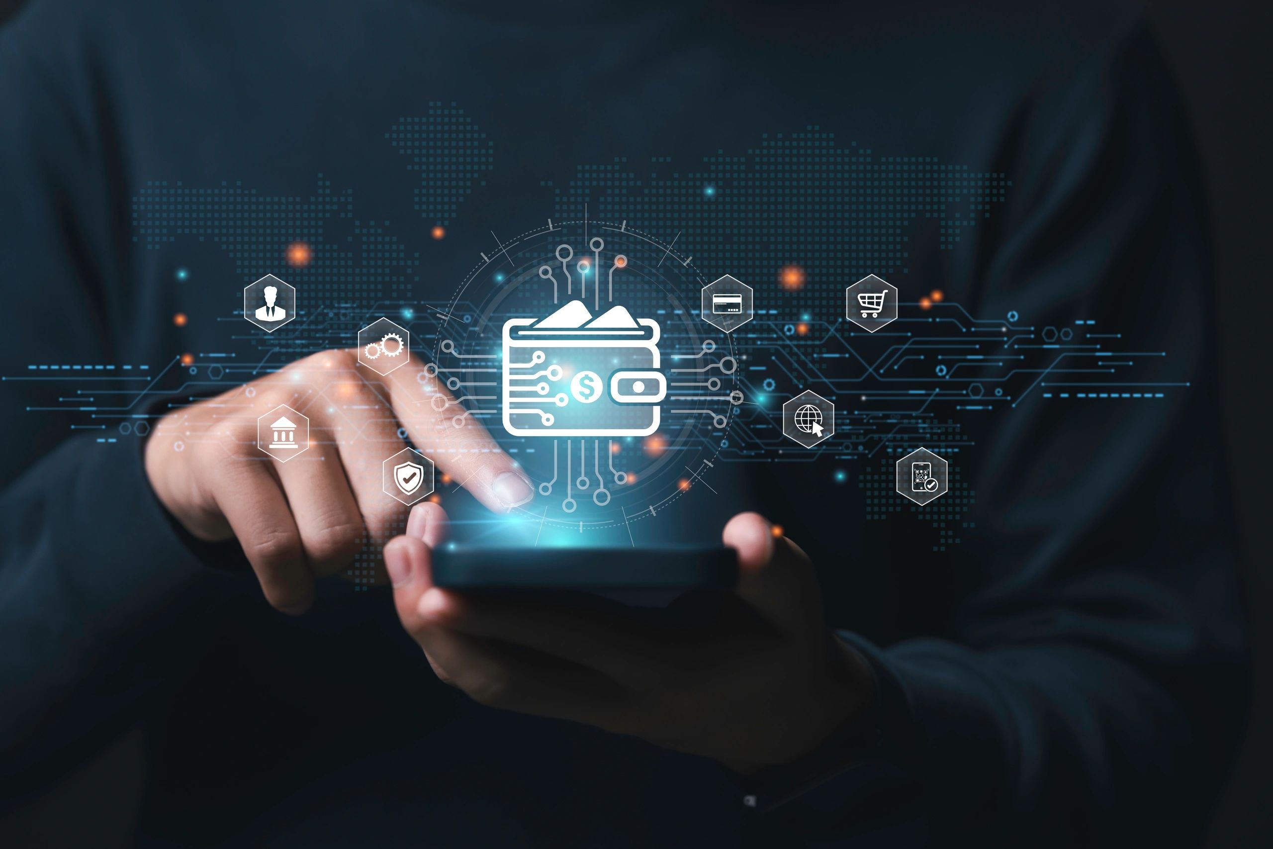 Digital wallet and online payment icons over a smartphone held by a person.