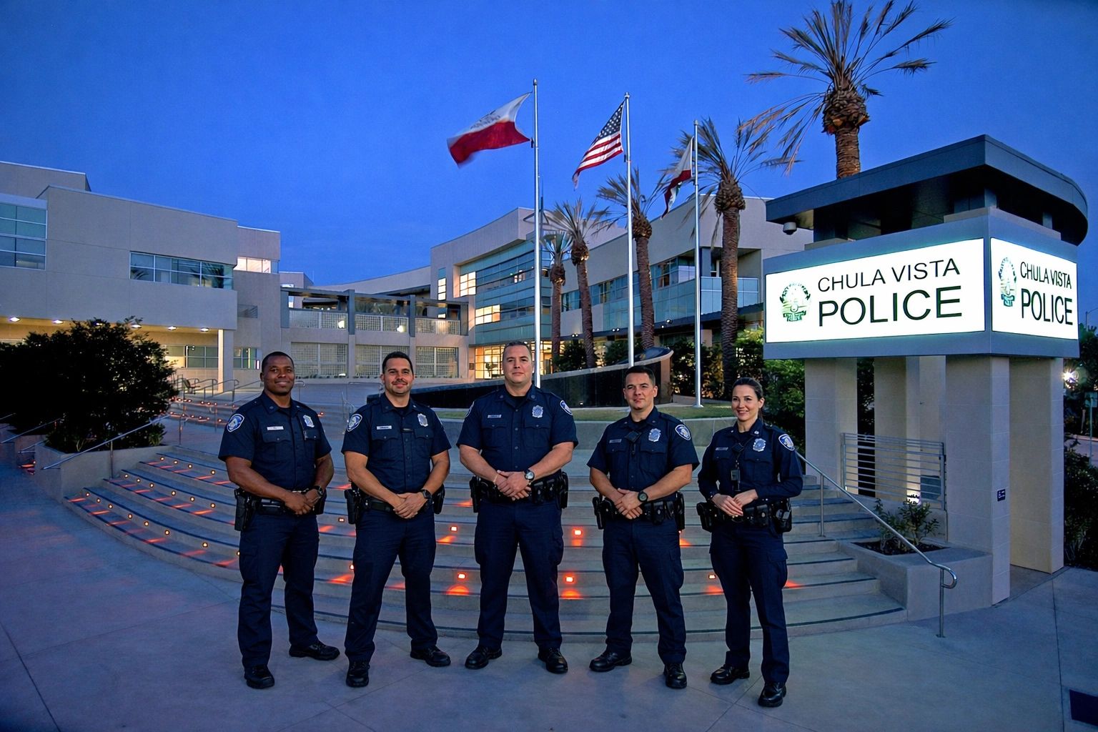 Five police officers stand in front of Chula Vista Police Department at dusk.