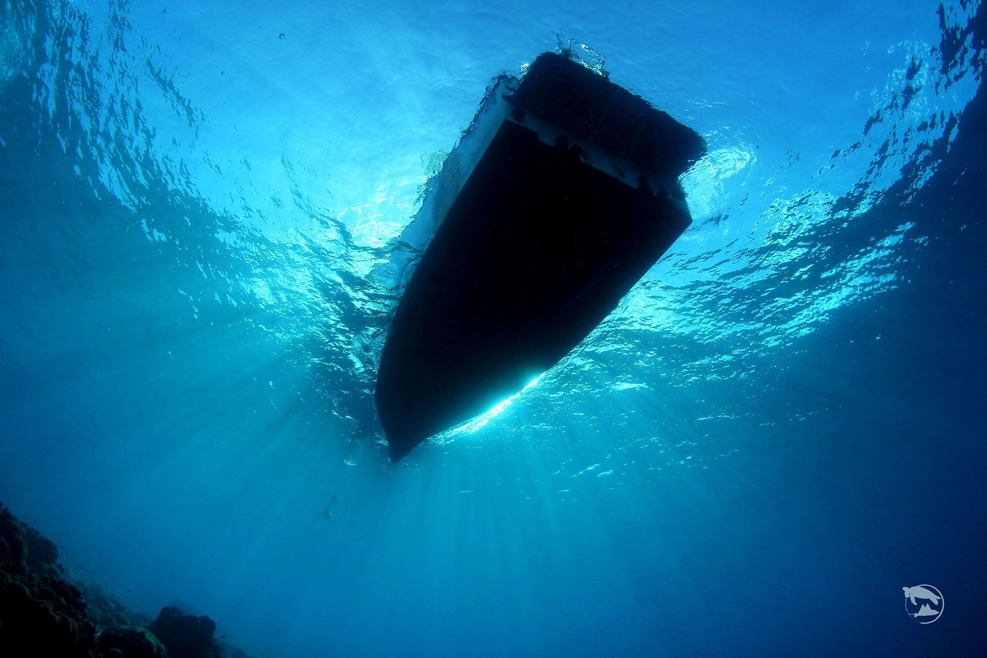 Into the water below. Underwater Boat. Underwater ship. Under Water. Ship bottom.