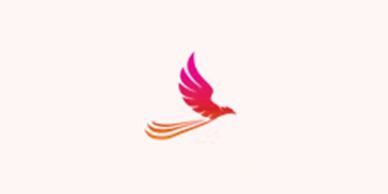 Stylized bird logo in shades of pink and orange.