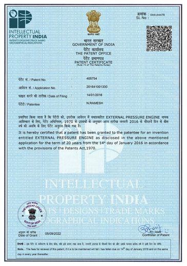 Indian patent certificate for External Pressure Engine.