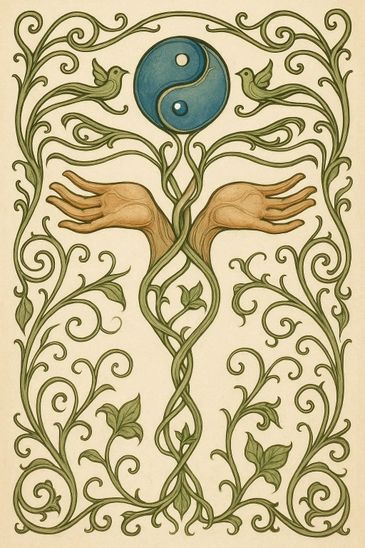 Artistic design featuring intertwined plants, hands, birds, and a yin-yang symbol.