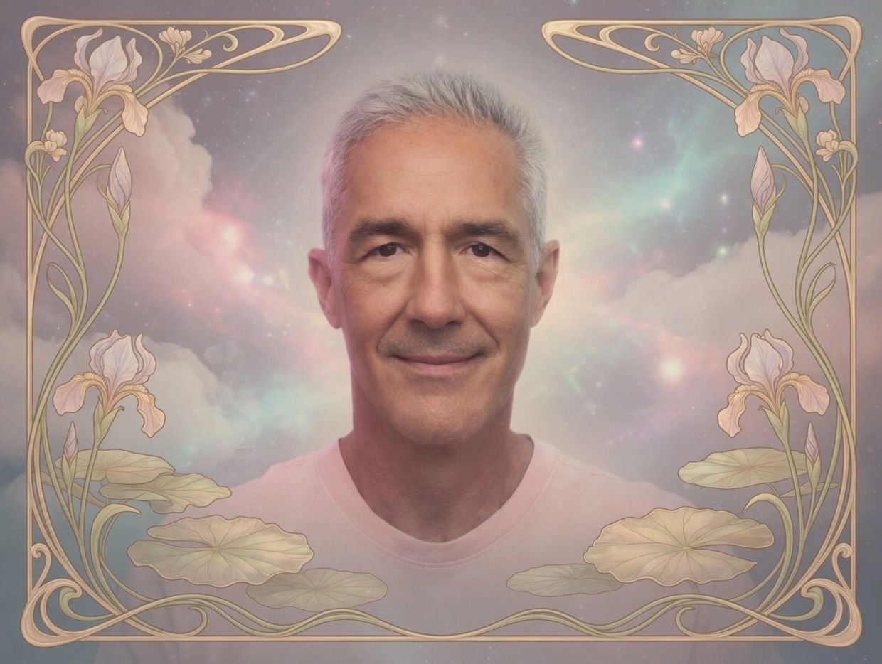 Portrait of a smiling man with silver hair framed by floral art and a dreamy sky background.