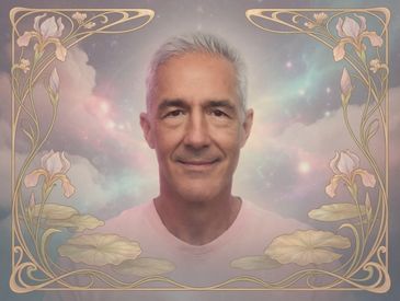 Portrait of a smiling older man with a celestial background and floral border.