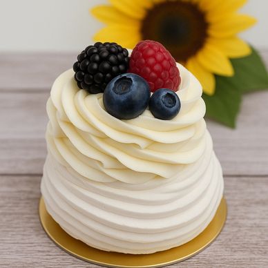 This delicate pavlova features a crisp meringue shell with a soft, marshmallow-like center, topped w