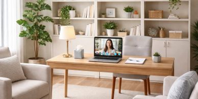 A cozy home office setup with a video call on laptop.