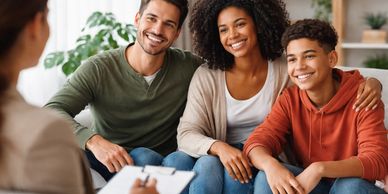 A happy family smiling during a therapy session.