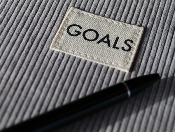 A fabric patch with the word 'GOALS' beside a black pen on a textured surface.