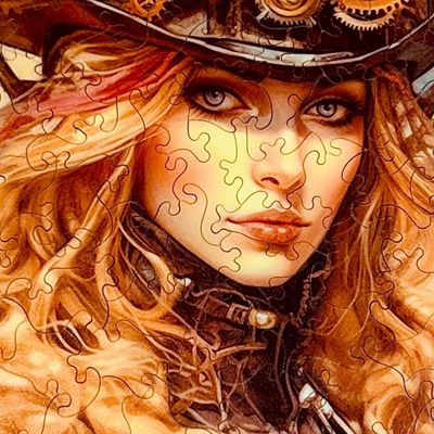 Close-up of a steampunk woman puzzle with intricate details and warm colors.