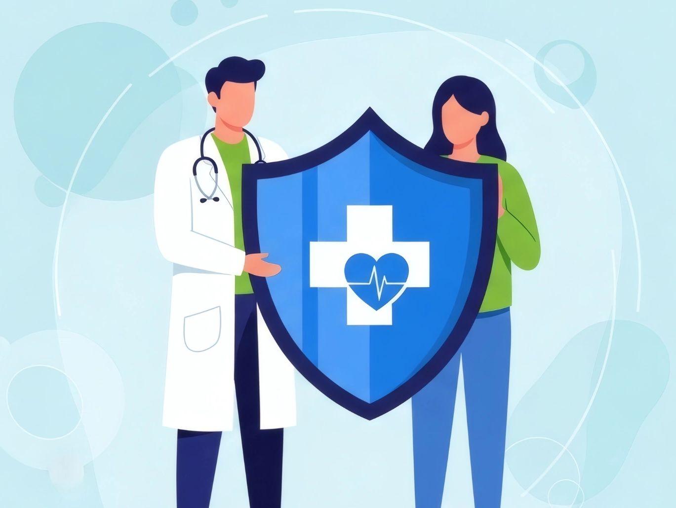 Doctor and patient holding a shield with a medical cross and heart symbol.