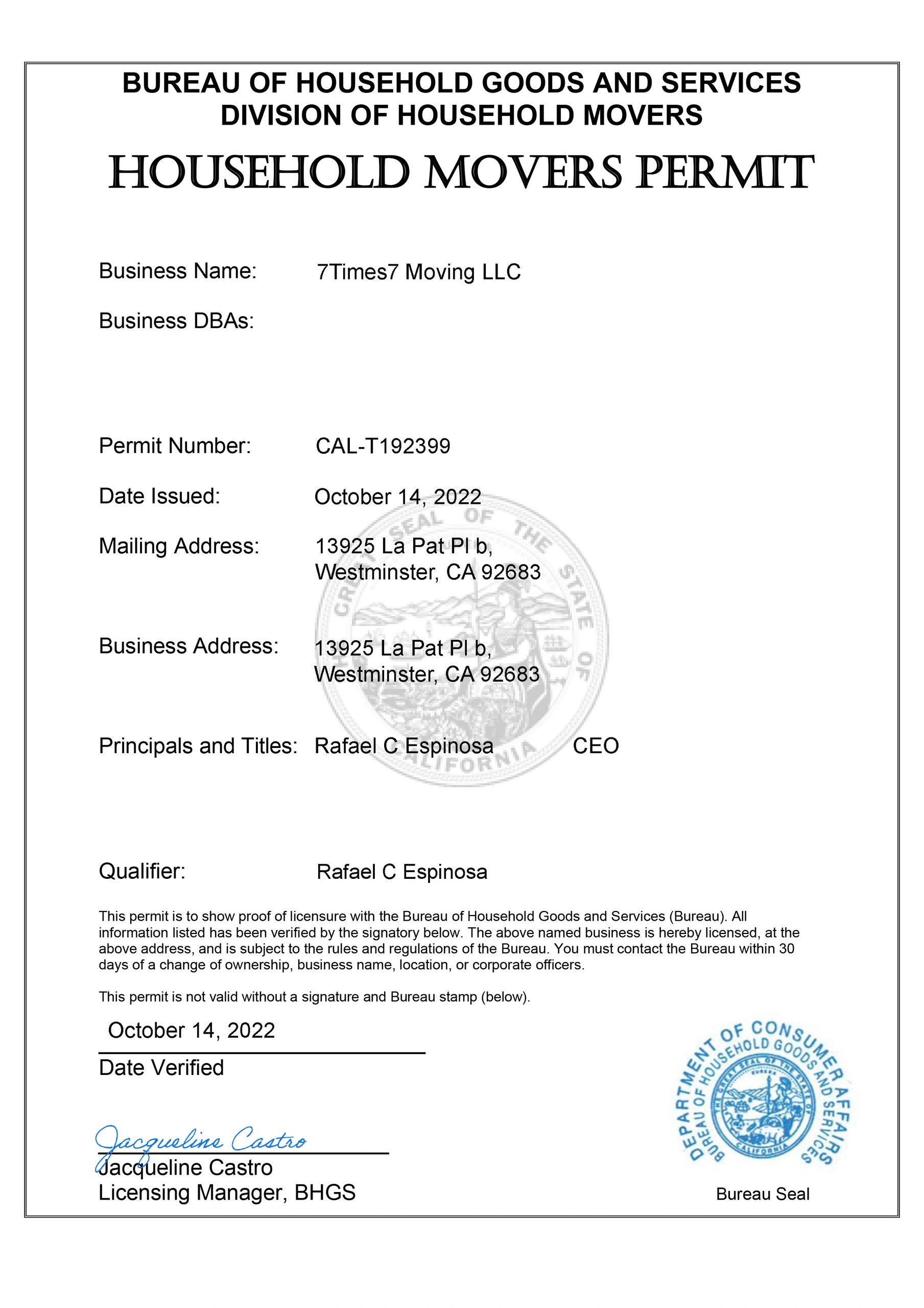 Household Movers Permit for 7Times7 Moving LLC issued on October 14, 2022.
