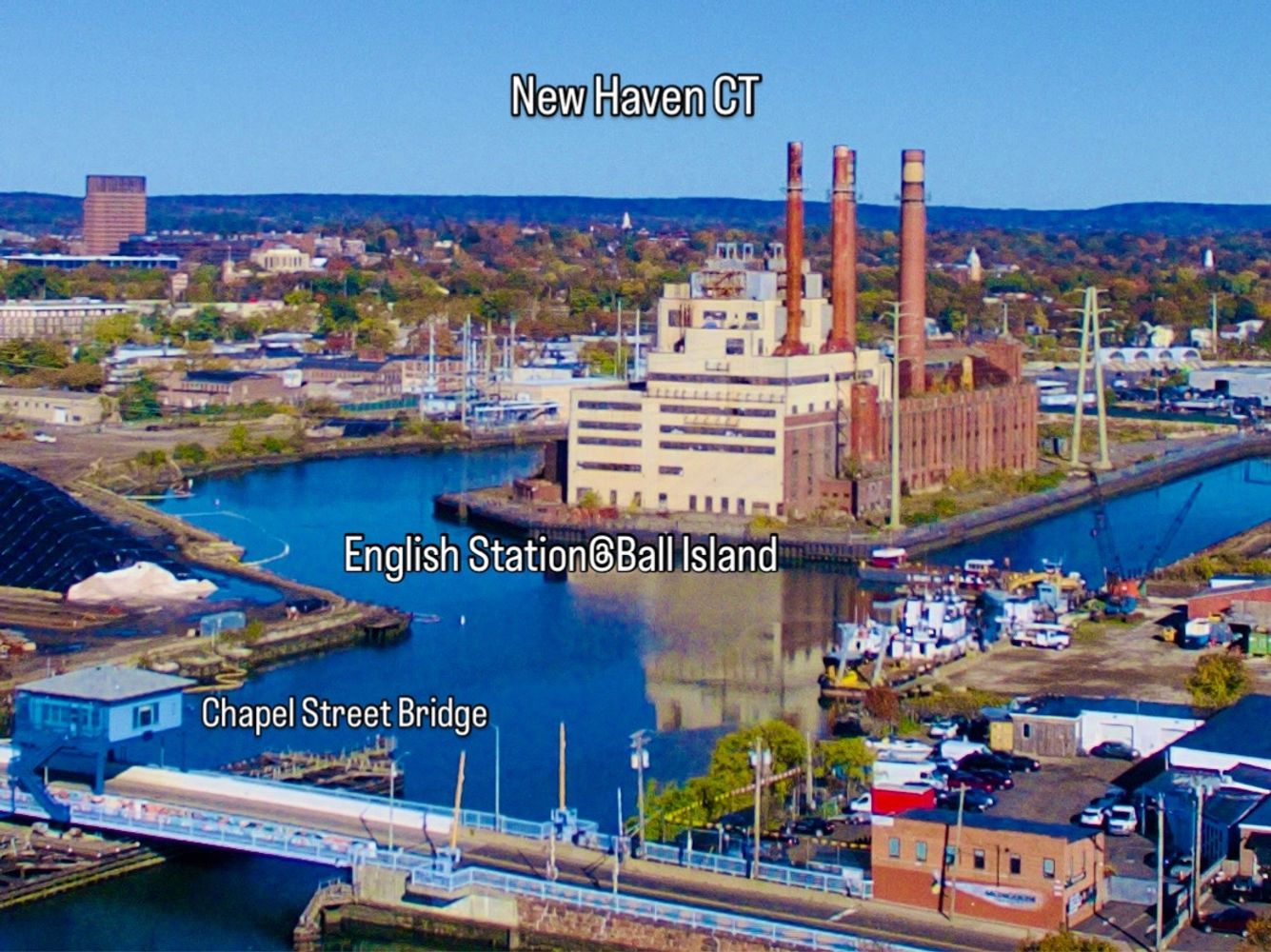 Aerial view of New Haven CT showing English Station and Chapel Street Bridge.