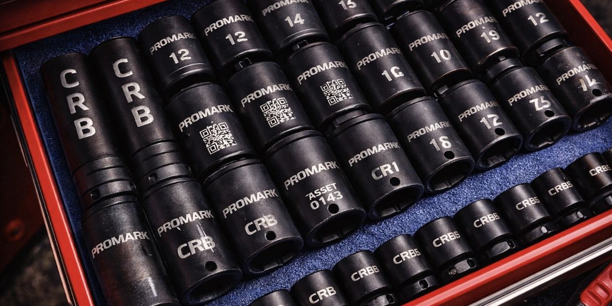 A set of black Promark socket wrenches neatly arranged in a drawer.