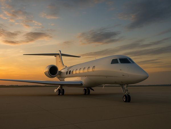 Gulfstream jet on the tarmac at sunset, symbolizing elegance, range, and off-market exclusivity.
