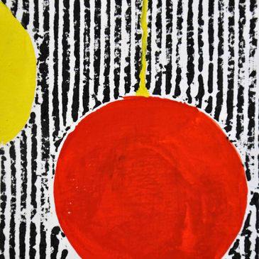 Red Spot: A modernist painting / print of a large red spot with a black, white, yellow stripe.
