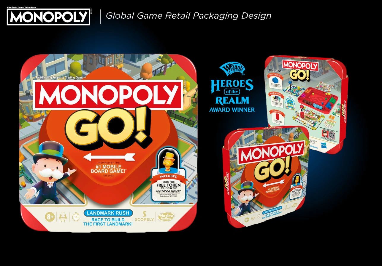 Monopoly GO retail board game packaging dieline layout and asset compliance Dave Moccia.