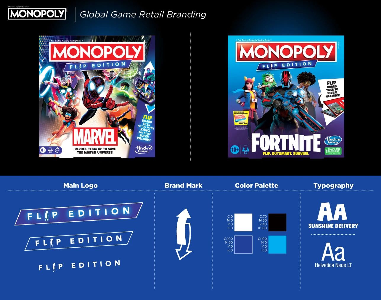 Monopoly Flip retail board game vector logo and master brand identity design Dave Moccia.