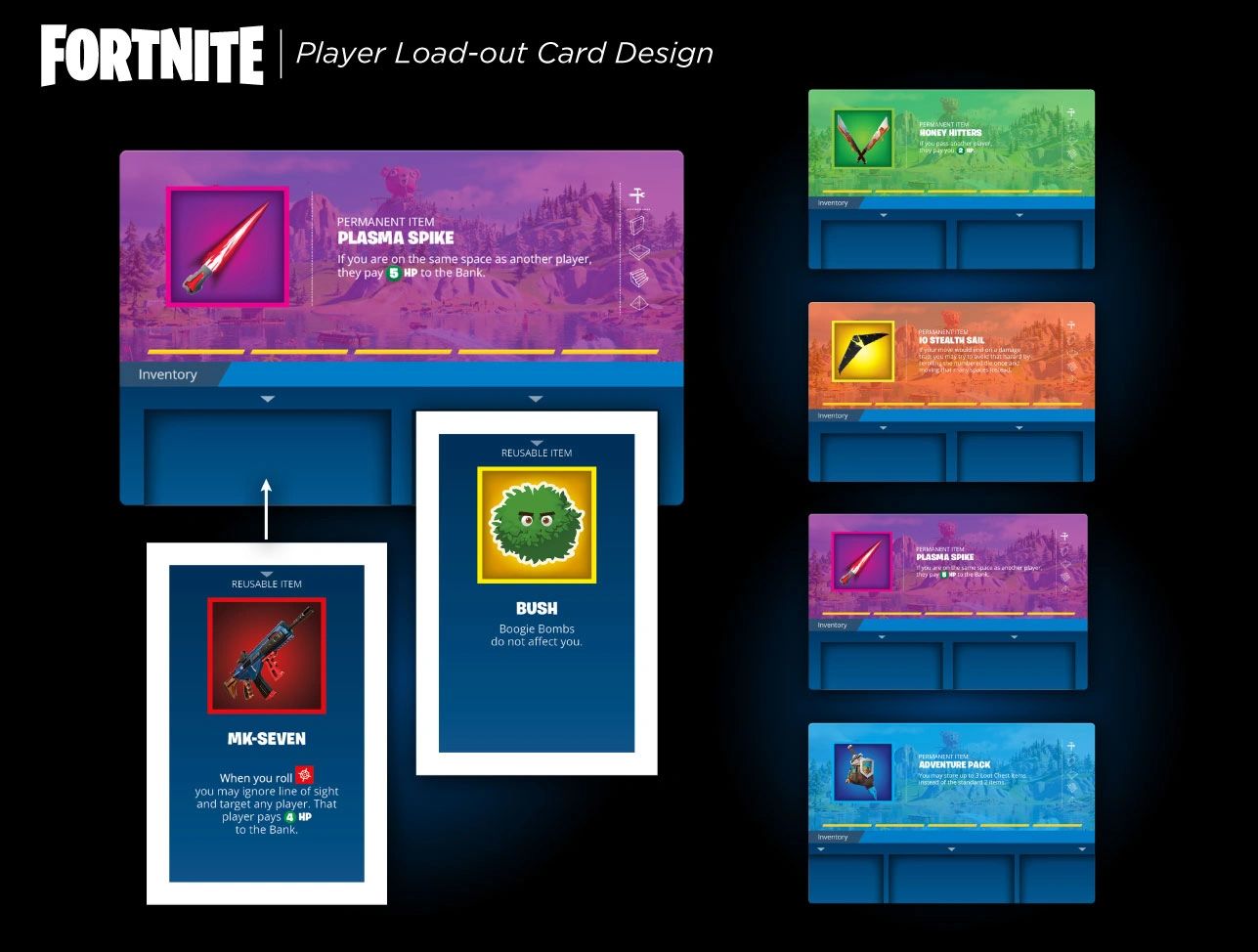 Monopoly Fortnite Flip load out cards screen layout and asset interface by Dave Moccia. 
