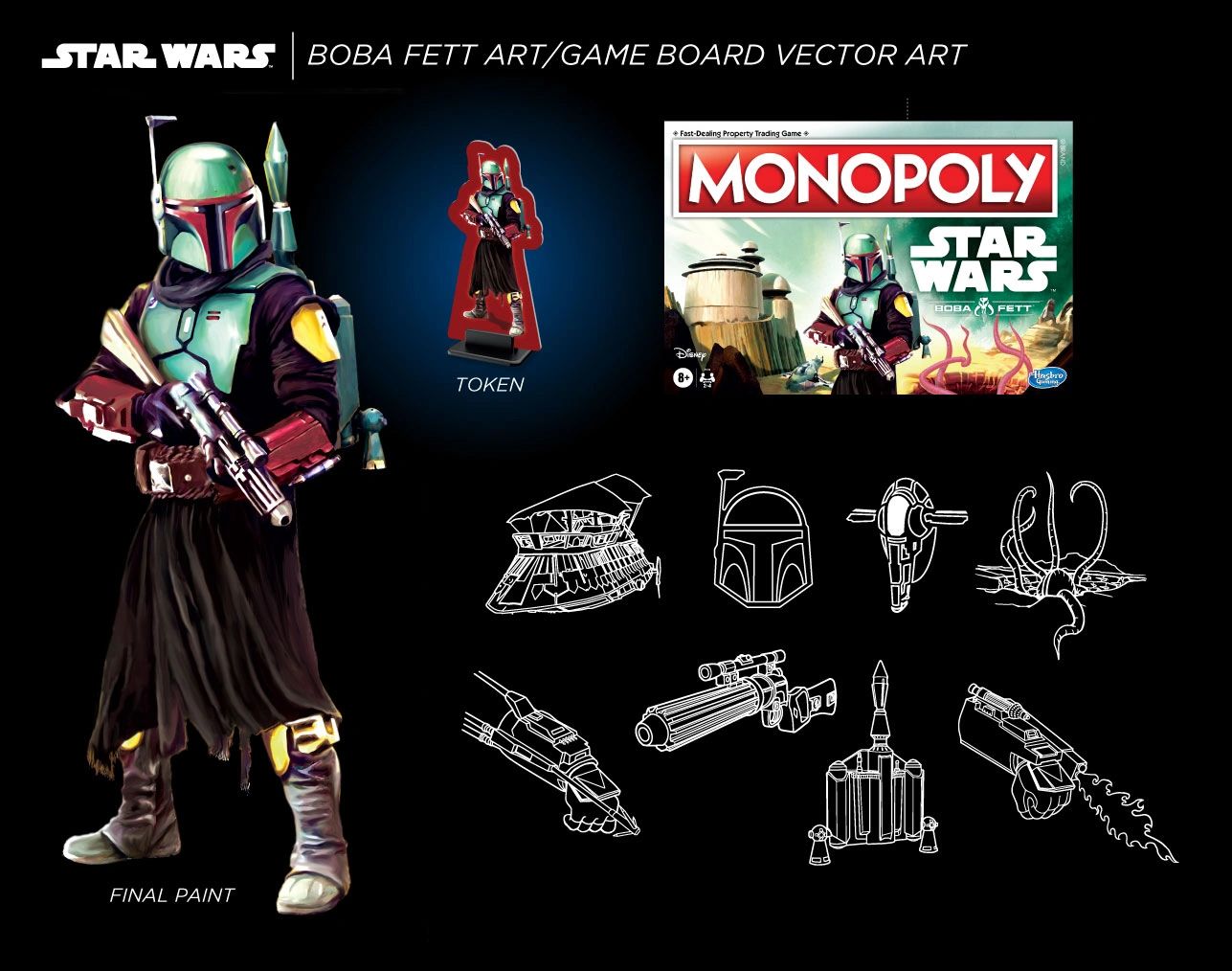 Star Wars Boba Fett cover art, token assets, and vector line art paths by Dave Moccia.