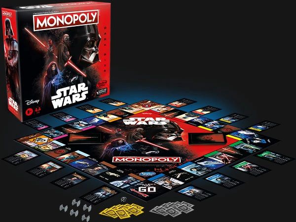 Monopoly Star Wars Dark Side board game retail packaging components layout design.