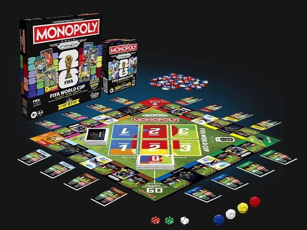Monopoly Panini FIFA 26 board game packaging and component product layout design overview.