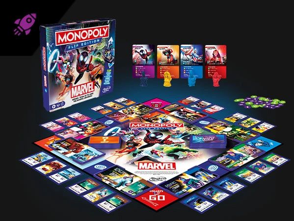 Monopoly Marvel Flip design by Dave Moccia. Neon Spider-Verse aesthetic for Marvel IP.
