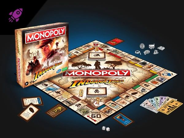 Indiana Jones Monopoly design by Dave Moccia. Illustrated vector movie-poster aesthetic Lucasfilm.