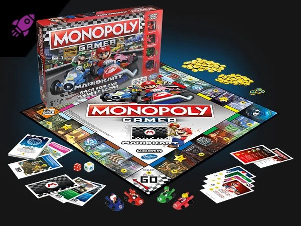 Monopoly Gamer Mario Kart design by Dave Moccia. High-speed track art approved by Nintendo Japan.