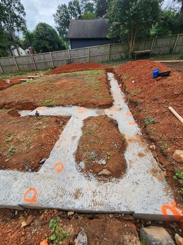Concrete foundation in a backyard under construction.