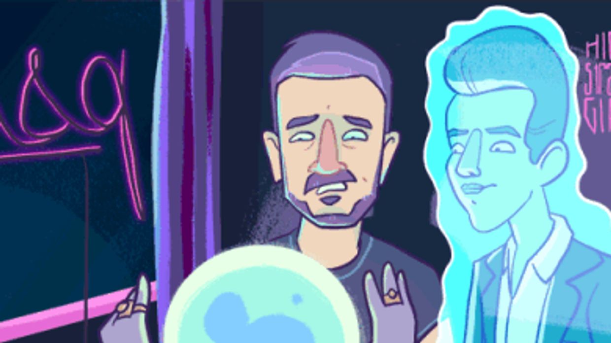 Cartoon of a man with a glowing crystal ball and a blue ghostly figure beside him.