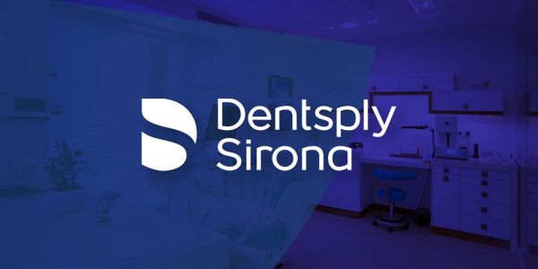Dentsply Sirona标志覆盖在牙科诊室背景上。