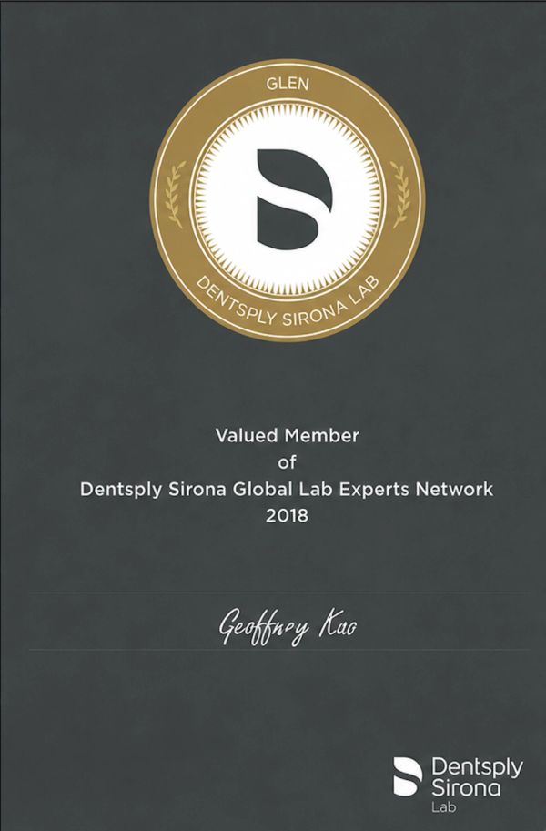 Dentsply Sirona全球实验室专家网络会员证书。