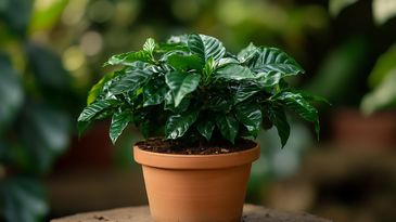 Coffee plant in a red clay planter.