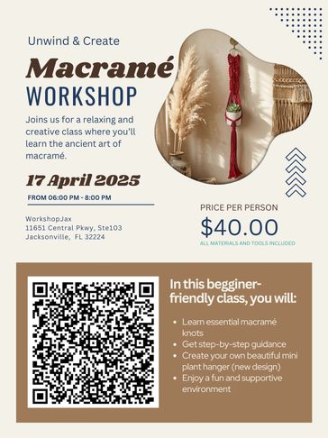 Flyer for macrame workshop showing a small plant hanger and a big QR code