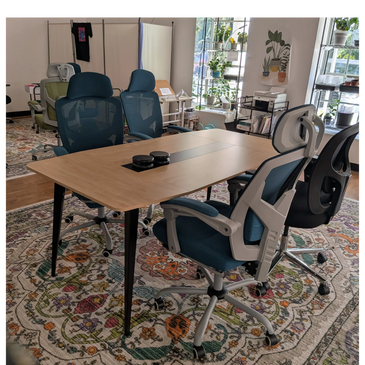 Table and chairs on colorful rug. Windows with plants let in natural light.