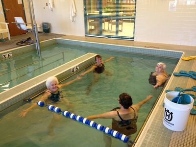 Aquatics students meet in the facility's warm water therapy poo.