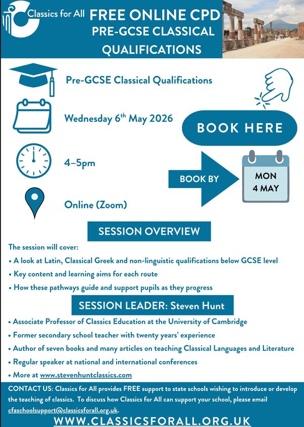 Free online CPD for Pre-GCSE Classical qualifications on 6th May 2026 via Zoom.