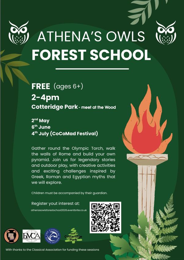 Flyer for Athena's Owls Forest School with dates and activities for kids 6+.