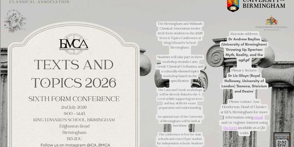 Poster for the BMCA Texts and Topics 2026 Sixth Form Conference at King Edward's School.