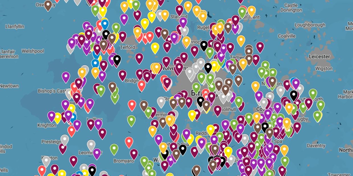Map with many colorful pins in the UK.