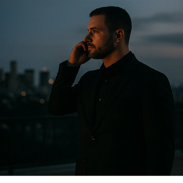 A man in a dark suit talking on the phone at dusk with a city skyline in the background.