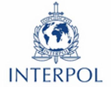 Interpol logo featuring a globe, sword, and laurel wreath in blue.