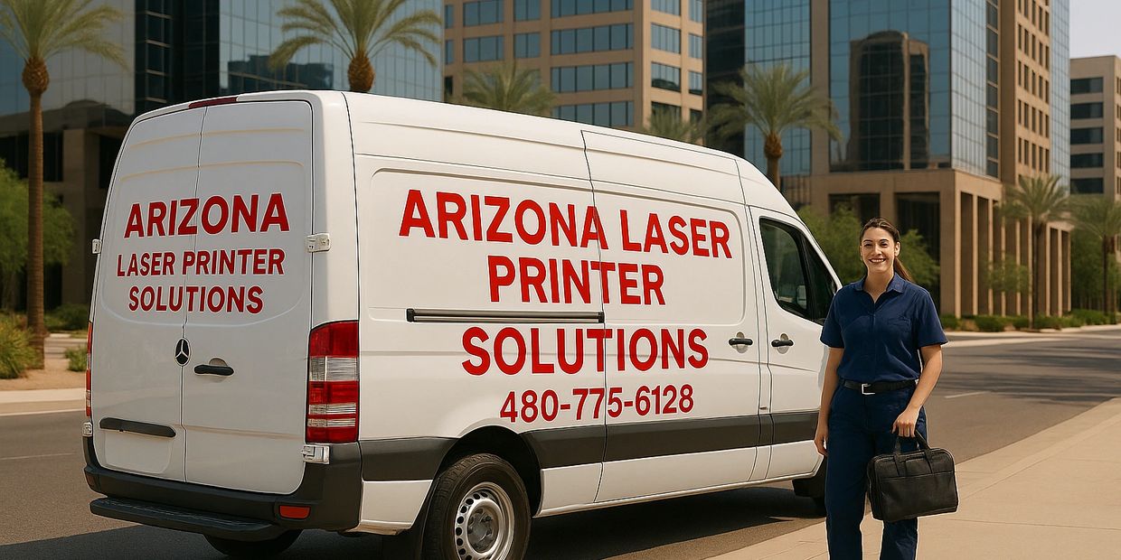 Arizona Laser Printer Solutions Printer Technician arriving at building for service call