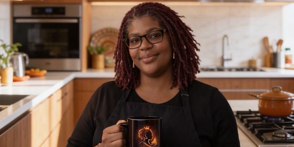 Smiling woman with glasses in a modern kitchen holding a black mug.