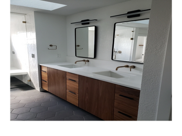 modern bathroom double sink vanity walnut cabinetry, quartz countertops . Wall-mounted faucets tile
